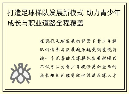 打造足球梯队发展新模式 助力青少年成长与职业道路全程覆盖