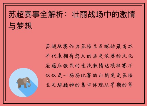 苏超赛事全解析：壮丽战场中的激情与梦想