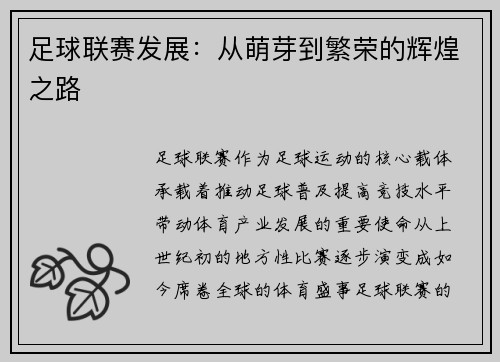 足球联赛发展：从萌芽到繁荣的辉煌之路