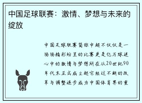 中国足球联赛：激情、梦想与未来的绽放